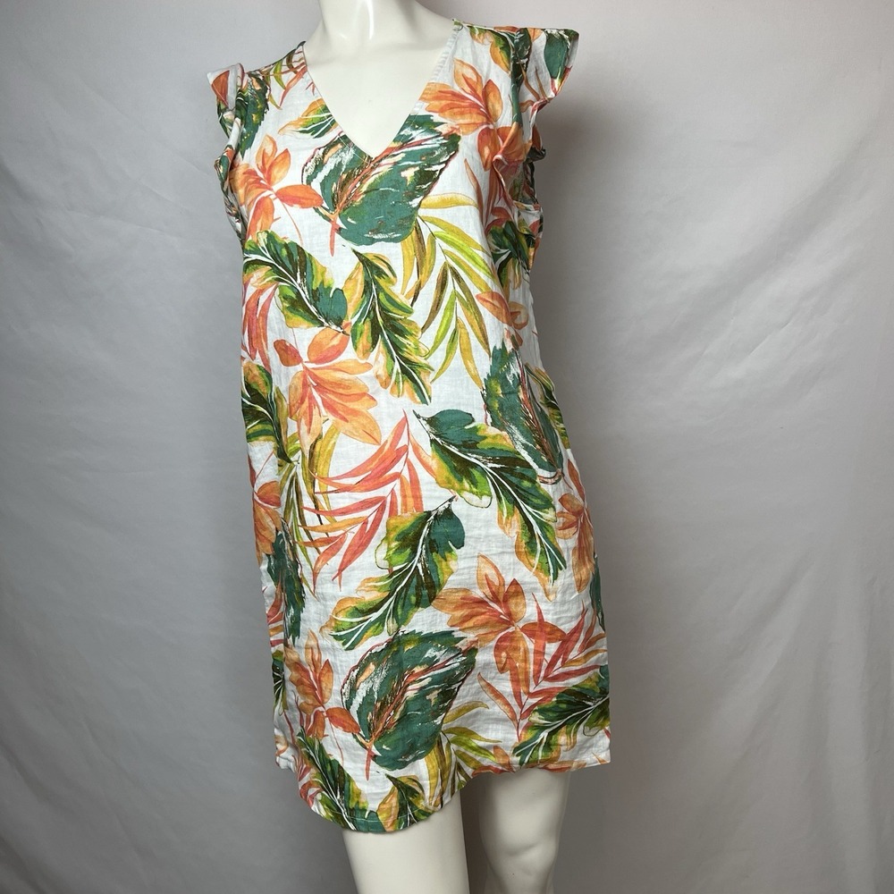 Nicole Miller Women's Linen Tropical Shift Size S  Beach Vacation Ruffle Sleeve